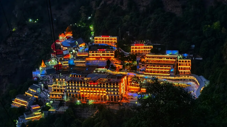 Shri Mata Vaishno Devi Bhawan illuminated at night